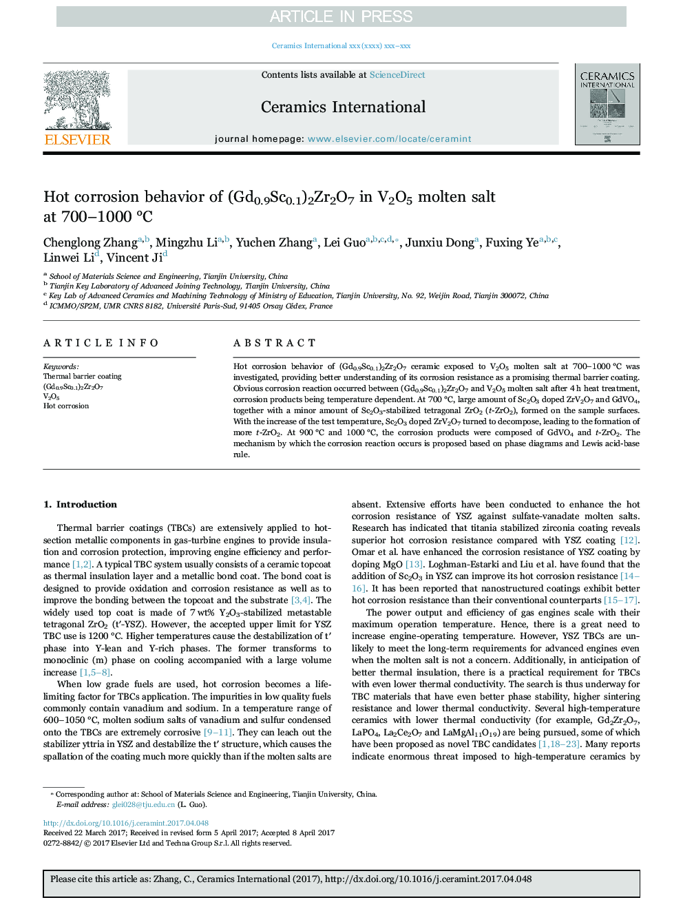 Hot corrosion behavior of (Gd0.9Sc0.1)2Zr2O7 in V2O5 molten salt at 700-1000Â Â°C