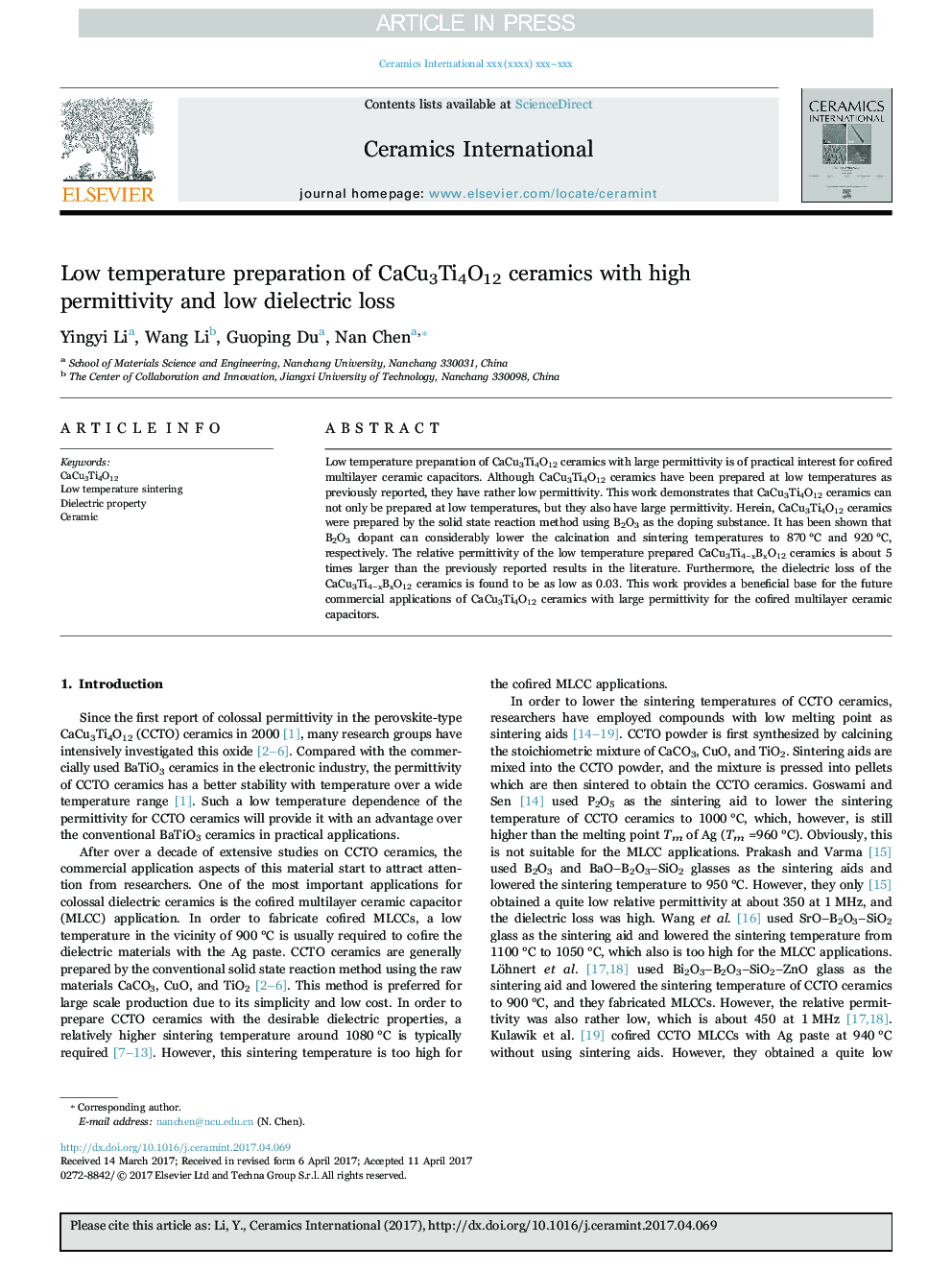 Low temperature preparation of CaCu3Ti4O12 ceramics with high permittivity and low dielectric loss