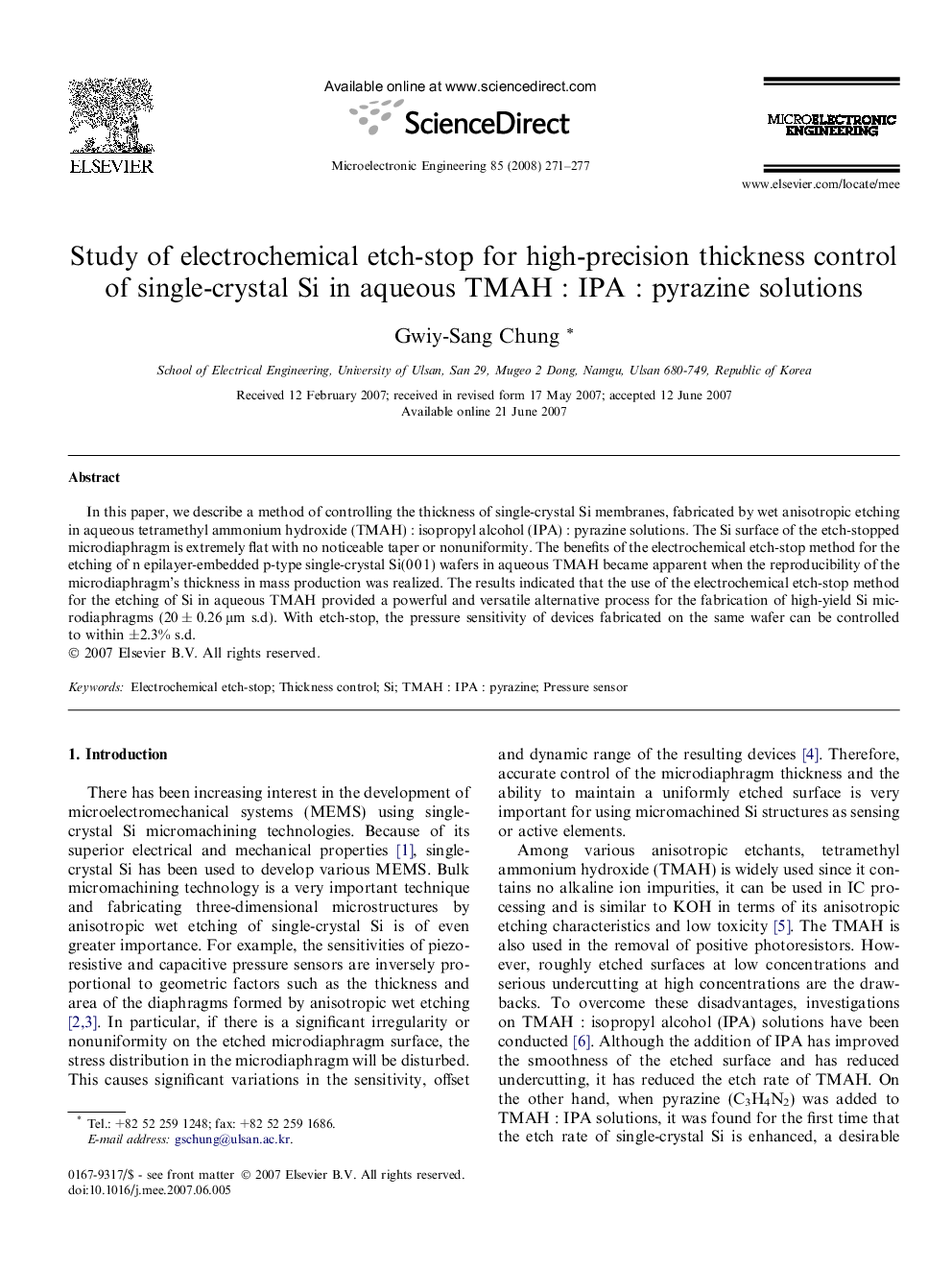 Study of electrochemical etch-stop for high-precision thickness control of single-crystal Si in aqueous TMAH : IPA : pyrazine solutions