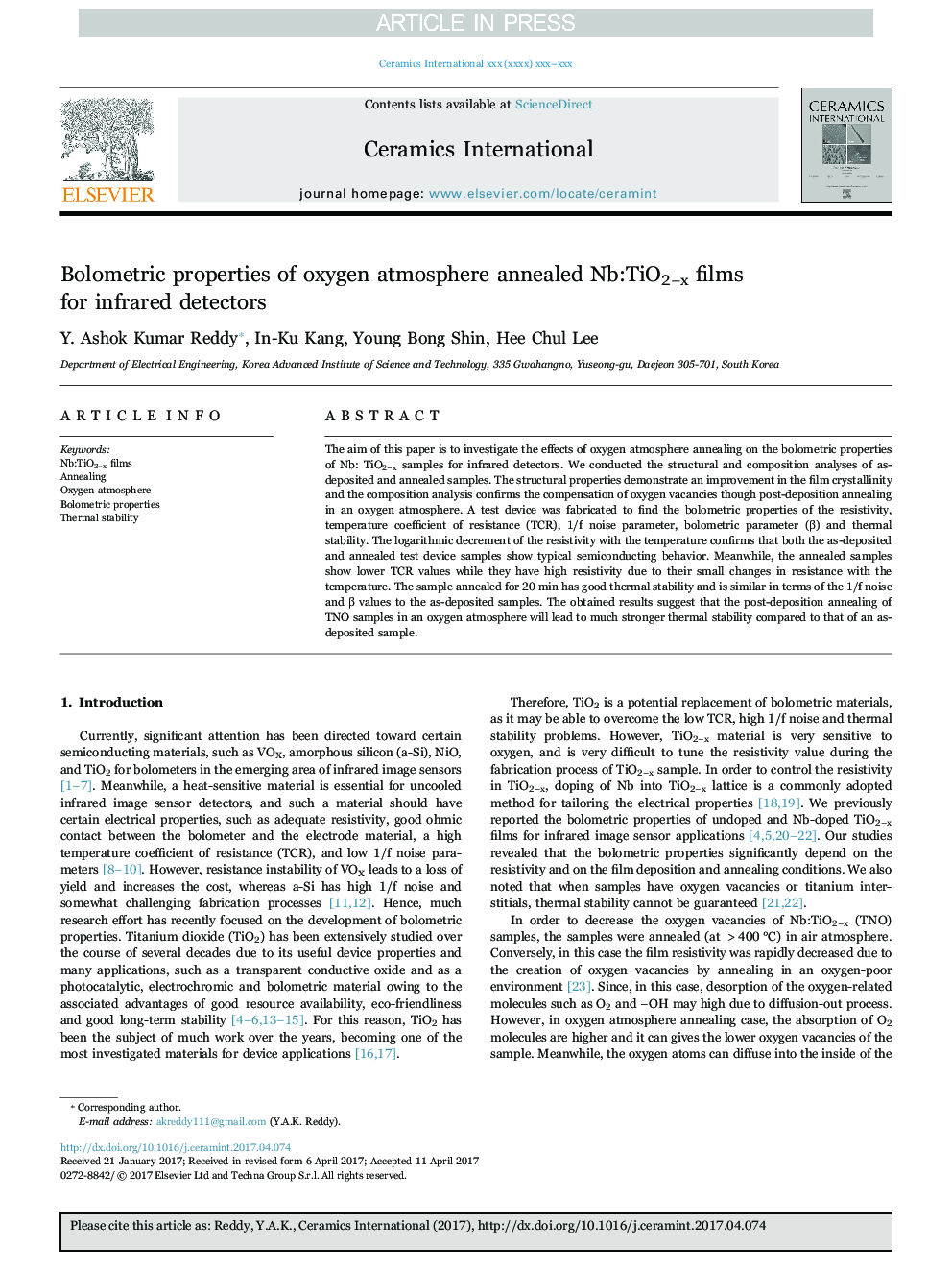 Bolometric properties of oxygen atmosphere annealed Nb:TiO2âx films for infrared detectors