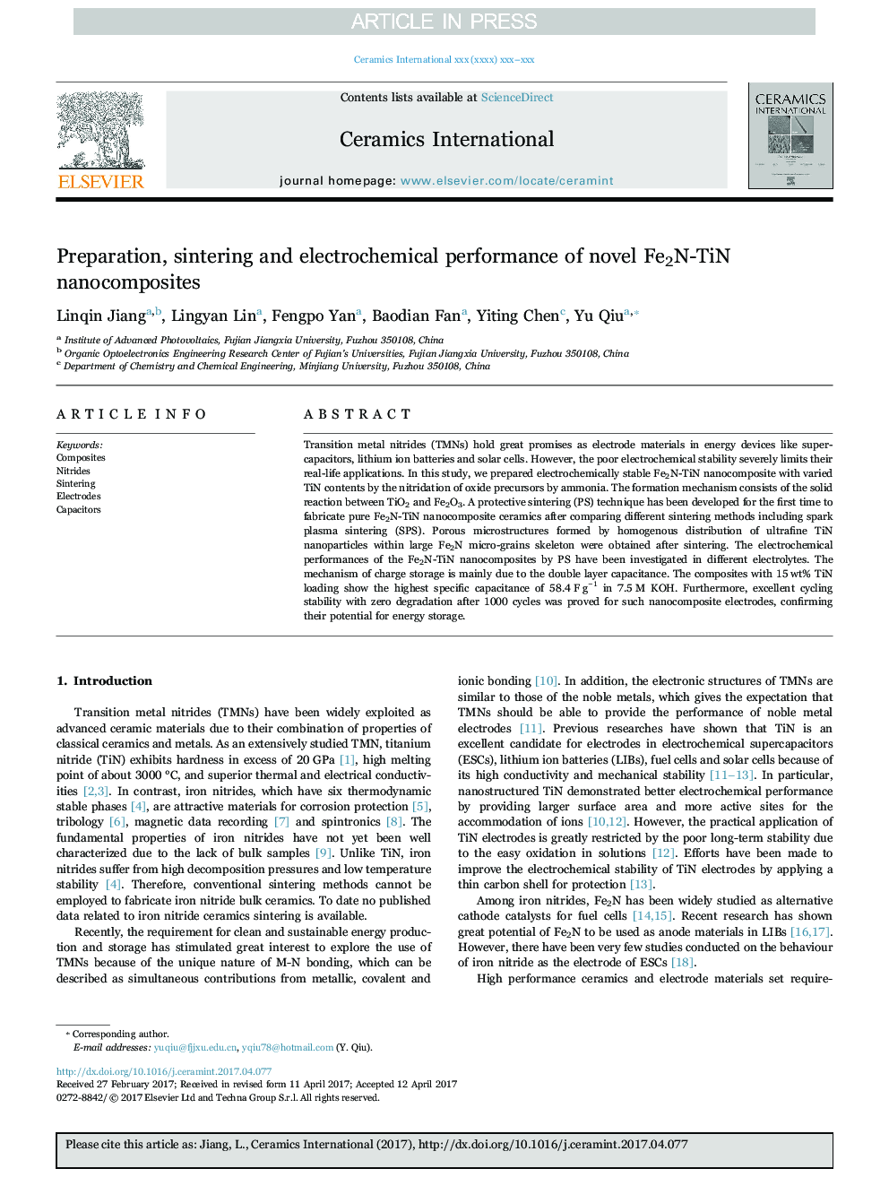 Preparation, sintering and electrochemical performance of novel Fe2N-TiN nanocomposites