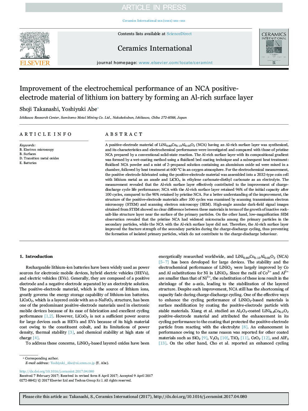 Improvement of the electrochemical performance of an NCA positive-electrode material of lithium ion battery by forming an Al-rich surface layer