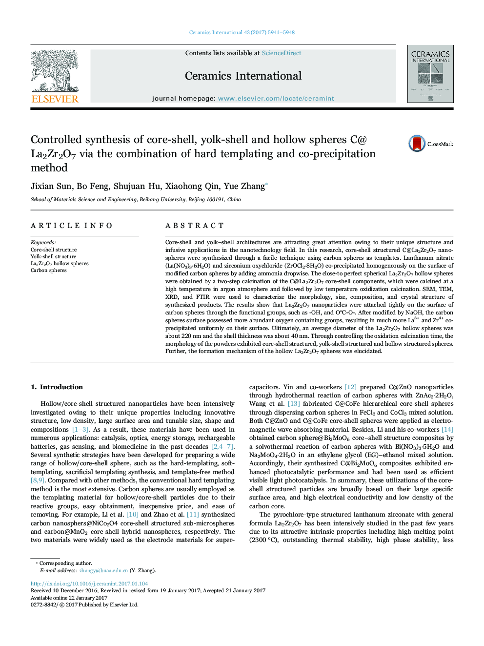 Controlled synthesis of core-shell, yolk-shell and hollow spheres C@La2Zr2O7 via the combination of hard templating and co-precipitation method