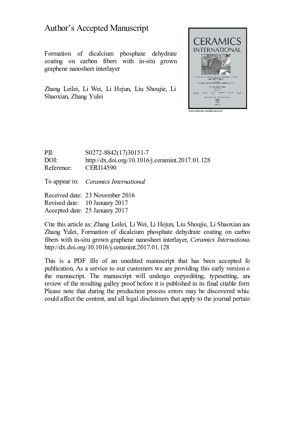 عکس صفحه اول مقاله: Formation of dicalcium phosphate dehydrate coating on carbon fibers with in-situ grown graphene nanosheet interlayer Formation of dicalcium phosphate dehydrate coating on carbon fibers with in-situ grown graphene nanosheet interlayer