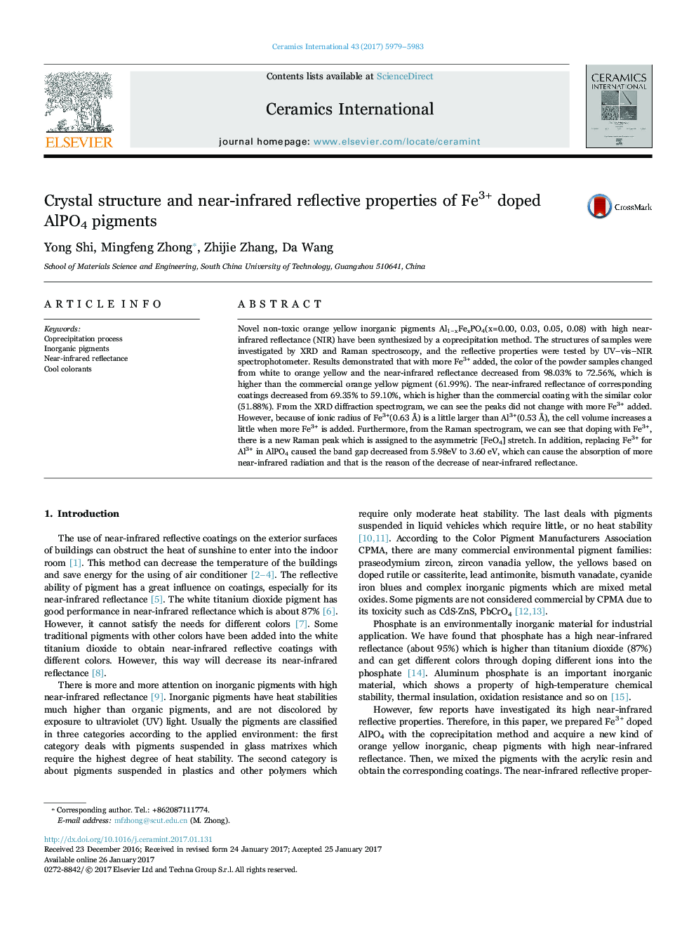 Crystal structure and near-infrared reflective properties of Fe3+ doped AlPO4 pigments