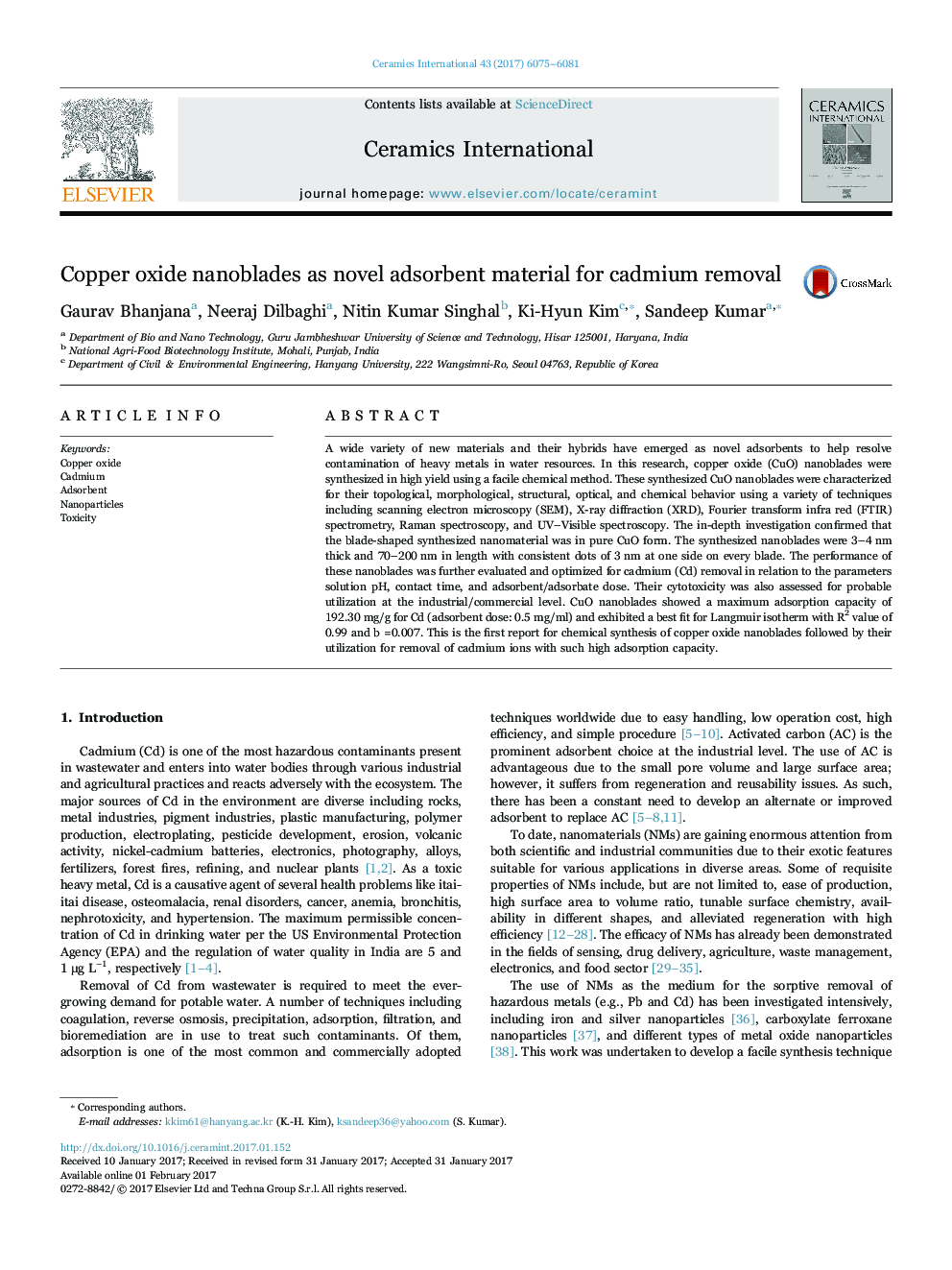 Copper oxide nanoblades as novel adsorbent material for cadmium removal