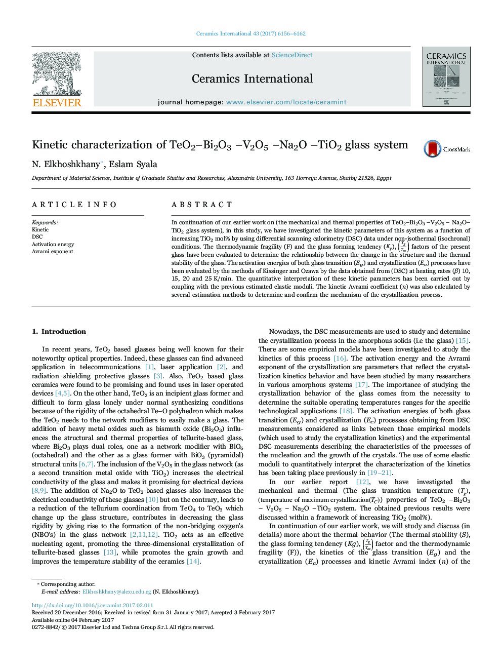 Kinetic characterization of TeO2-Bi2O3 -V2O5 -Na2O -TiO2 glass system