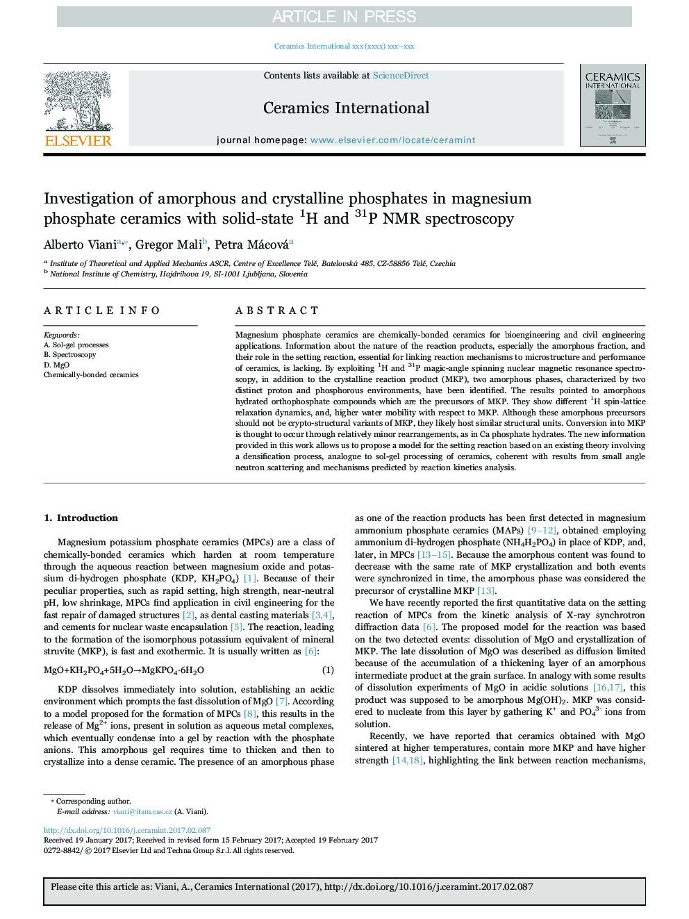عکس صفحه اول مقاله: Investigation of amorphous and crystalline phosphates in magnesium phosphate ceramics with solid-state 1H and 31P NMR spectroscopy Investigation of amorphous and crystalline phosphates in magnesium phosphate ceramics with solid-state 1H and 31P NMR spectroscopy