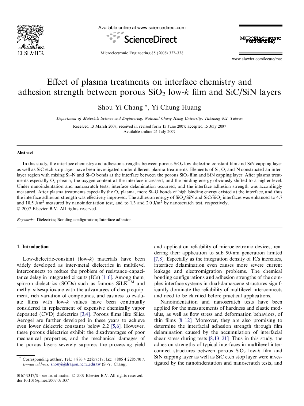 Effect of plasma treatments on interface chemistry and adhesion strength between porous SiO2 low-k film and SiC/SiN layers