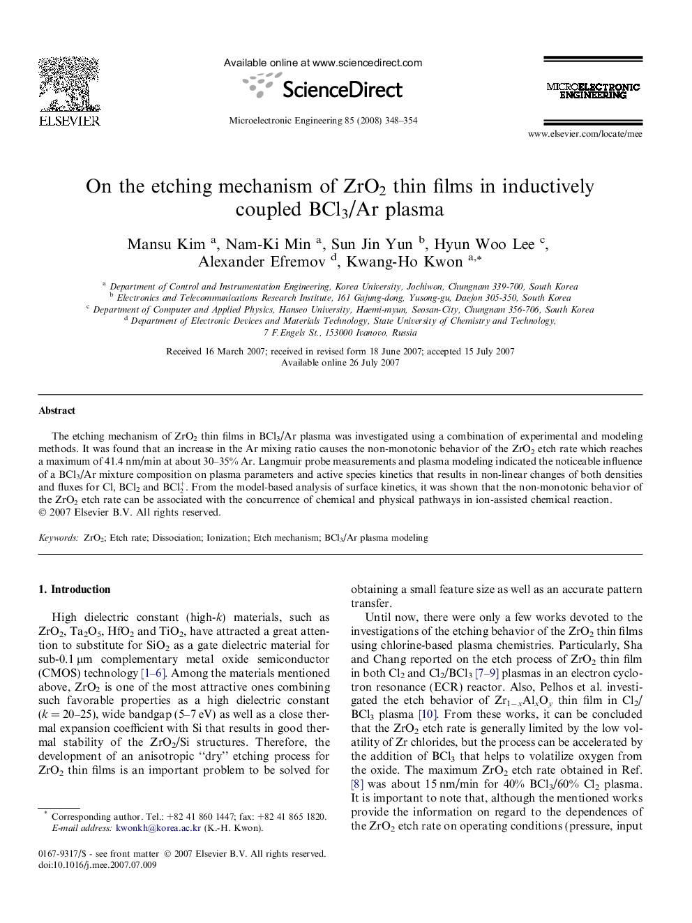 On the etching mechanism of ZrO2 thin films in inductively coupled BCl3/Ar plasma