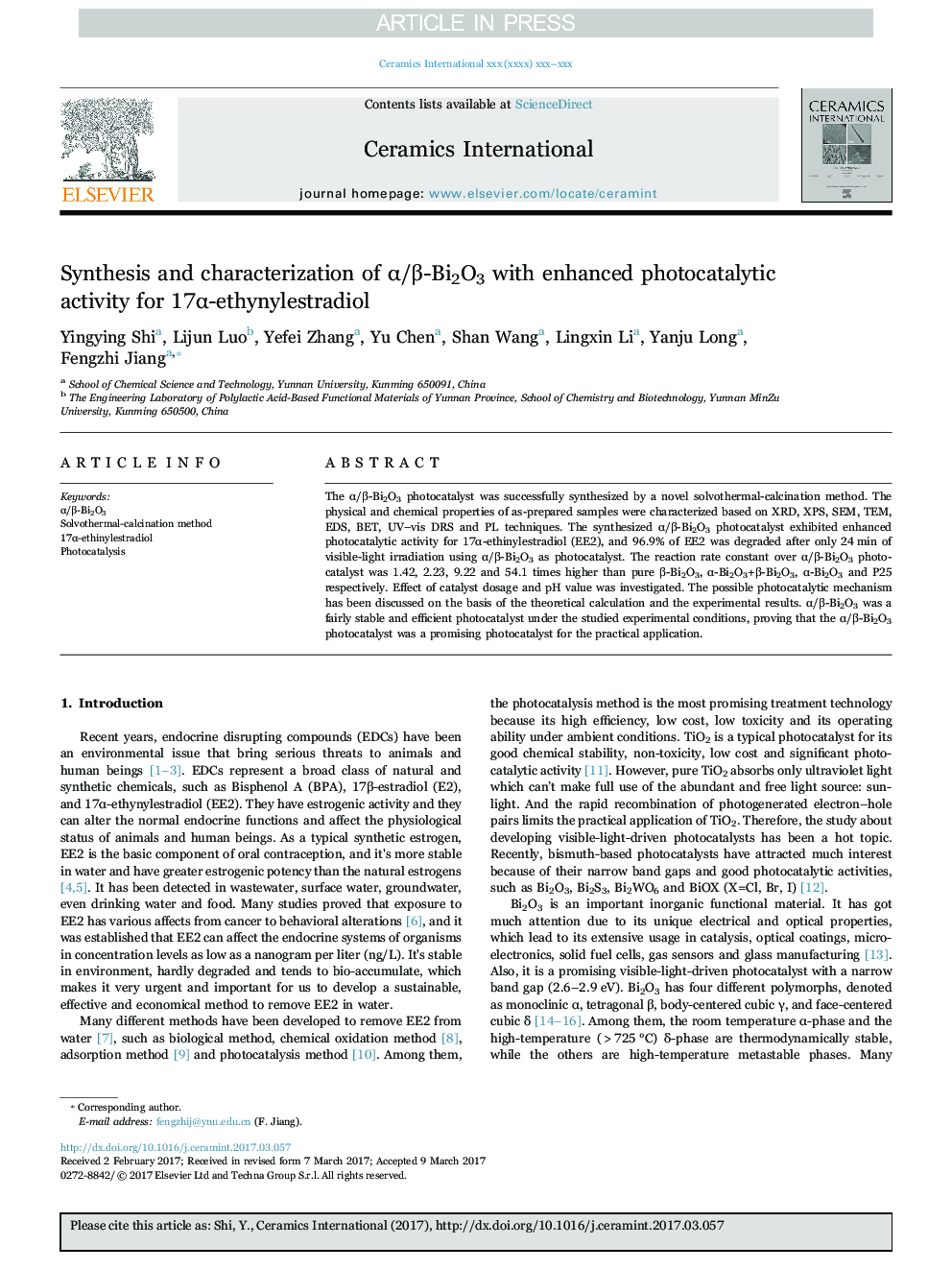 Synthesis and characterization of Î±/Î²-Bi2O3 with enhanced photocatalytic activity for 17Î±-ethynylestradiol