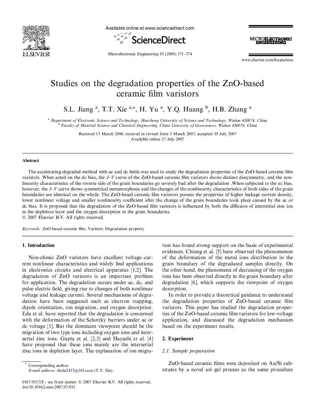 Studies on the degradation properties of the ZnO-based ceramic film varistors