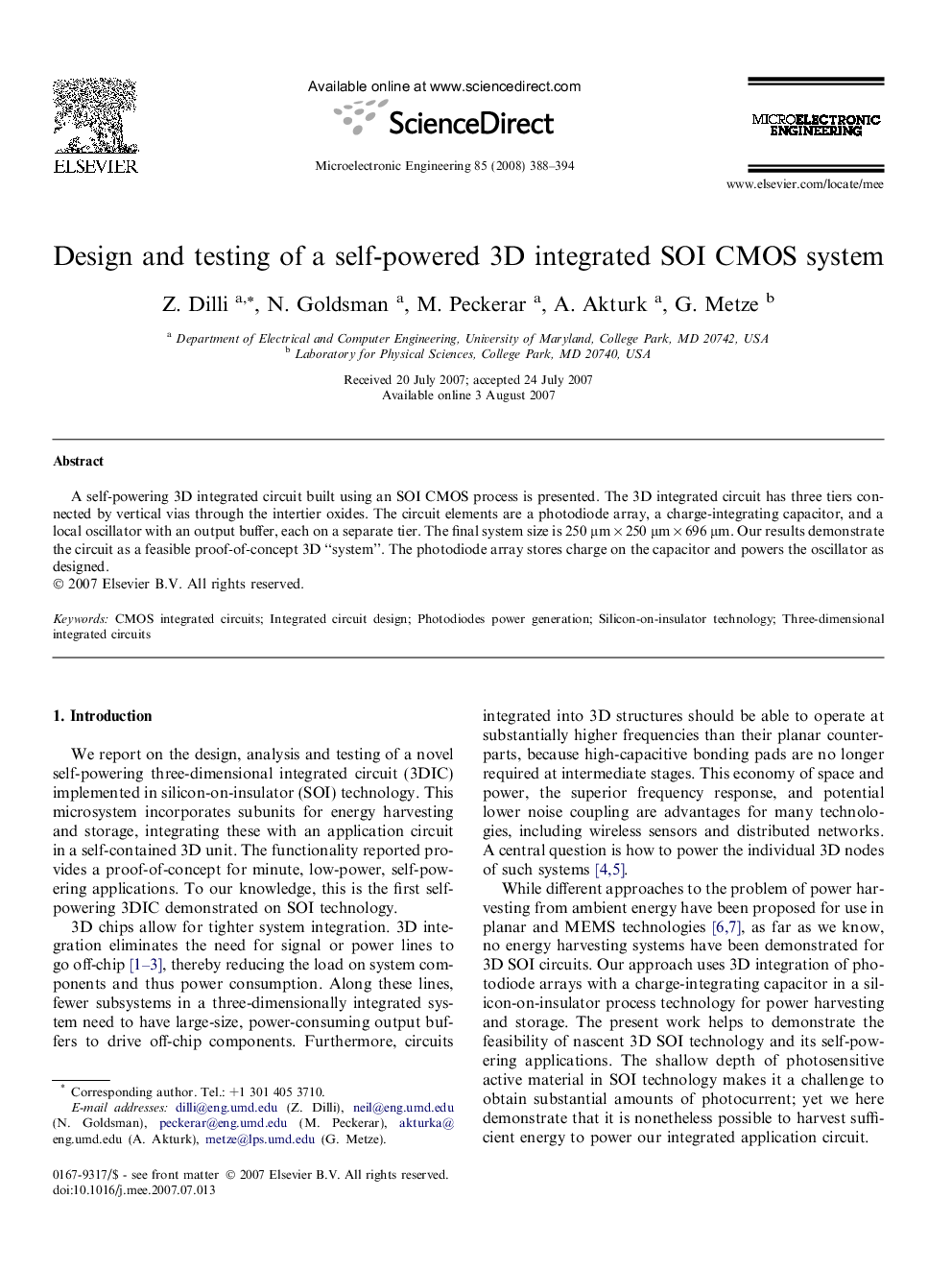 Design and testing of a self-powered 3D integrated SOI CMOS system