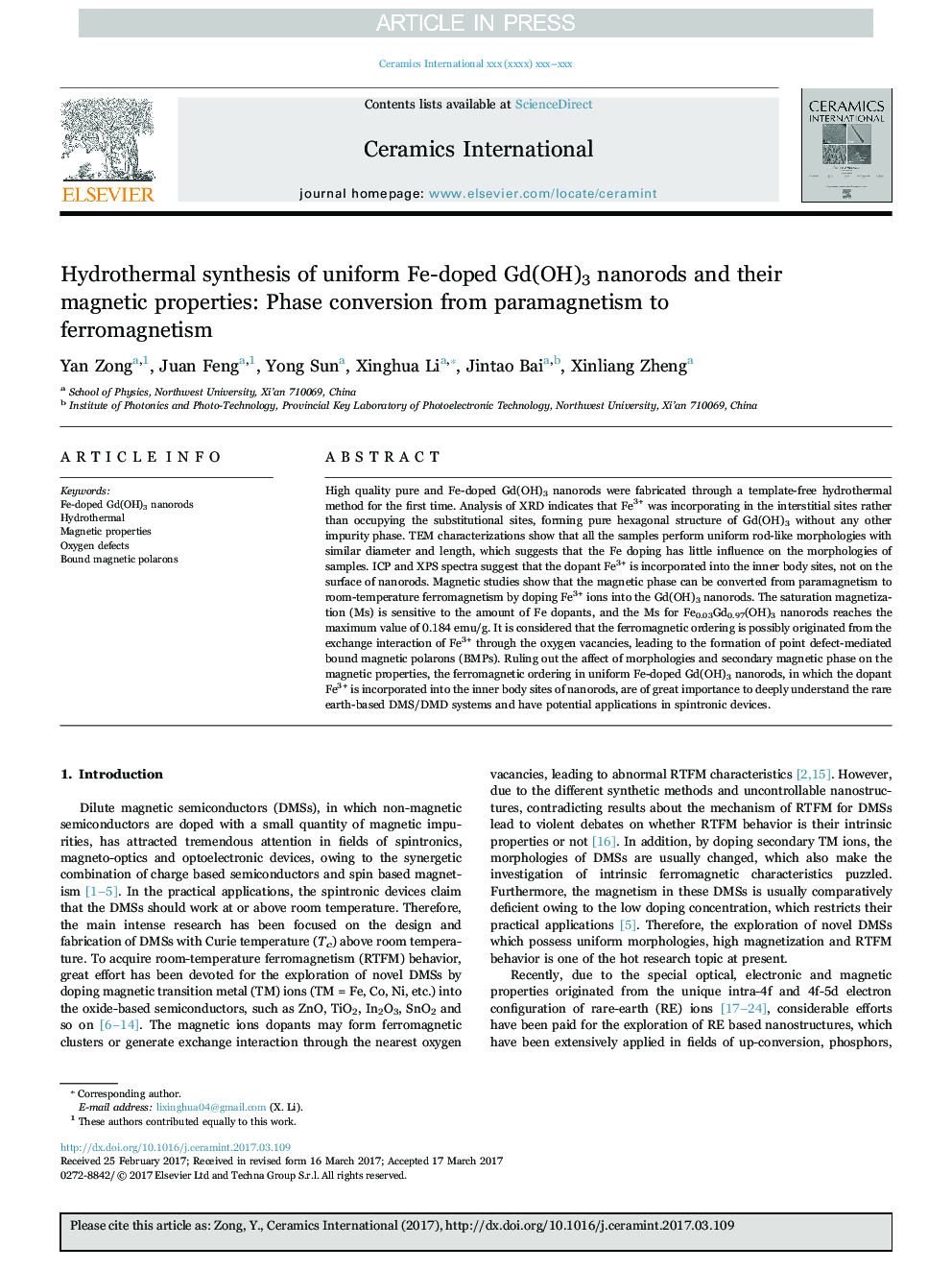 عکس صفحه اول مقاله: Hydrothermal synthesis of uniform Fe-doped Gd(OH)3 nanorods and their magnetic properties: Phase conversion from paramagnetism to ferromagnetism Hydrothermal synthesis of uniform Fe-doped Gd(OH)3 nanorods and their magnetic properties: Phase conversion from paramagnetism to ferromagnetism