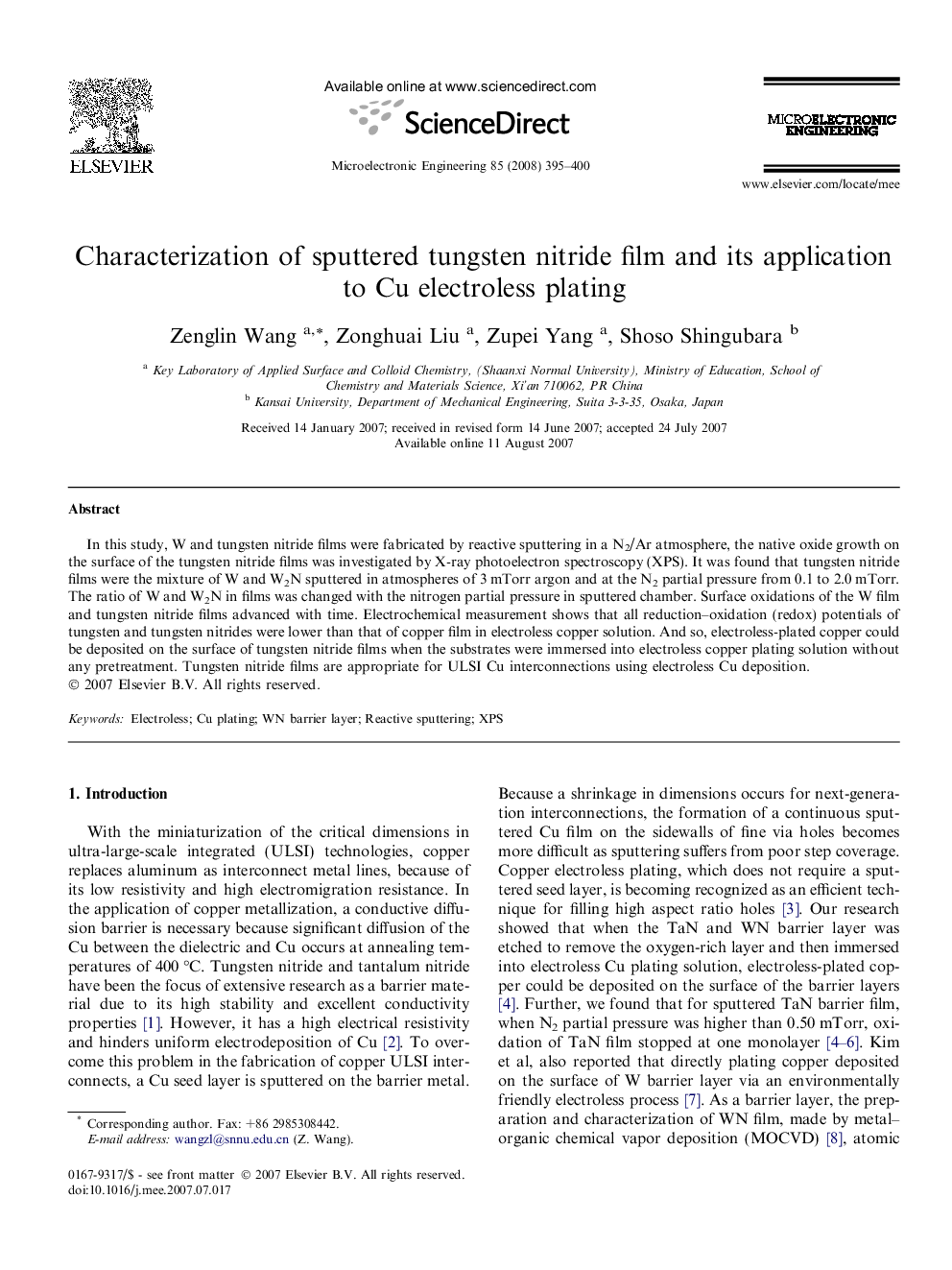 Characterization of sputtered tungsten nitride film and its application to Cu electroless plating