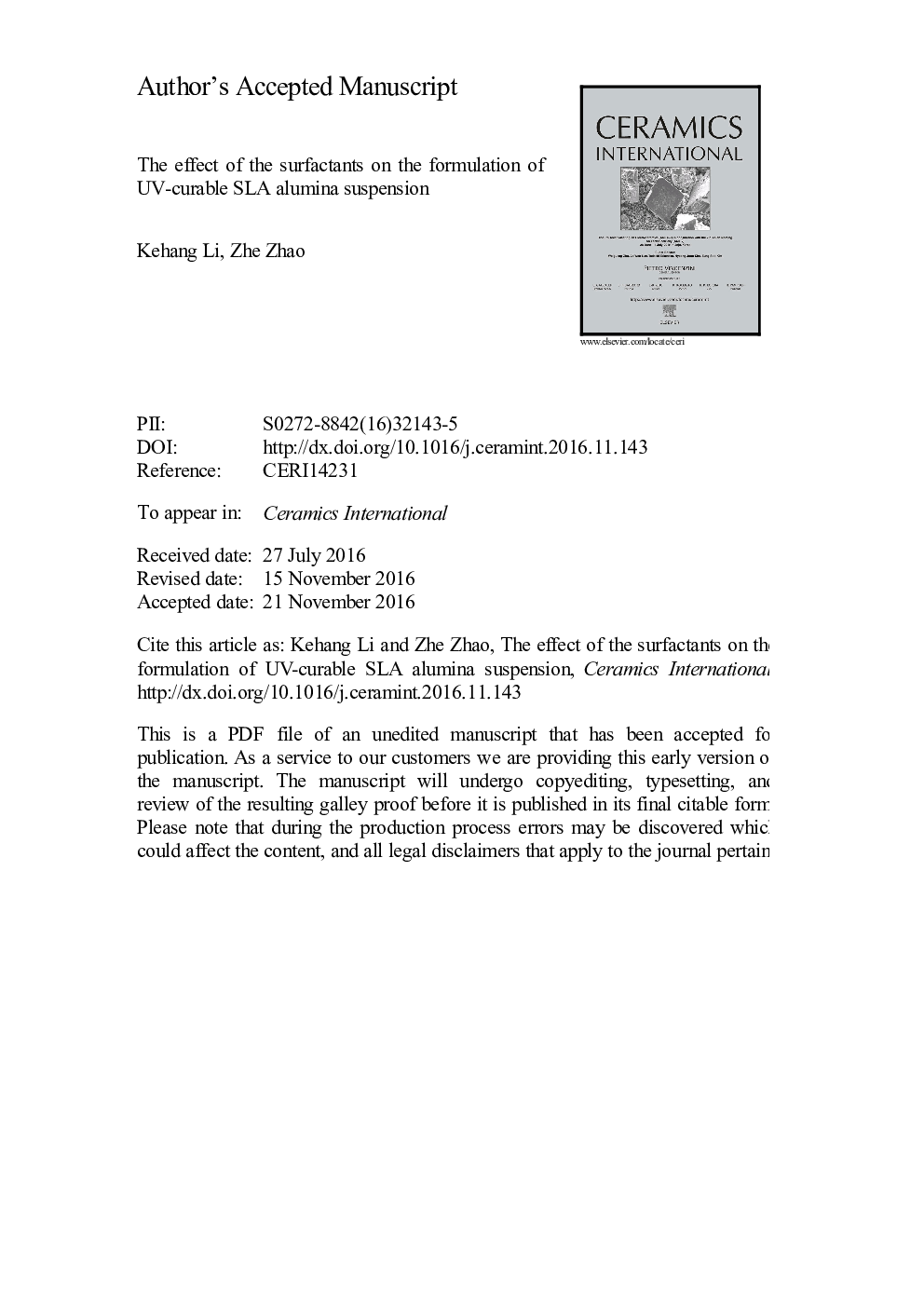 The effect of the surfactants on the formulation of UV-curable SLA alumina suspension
