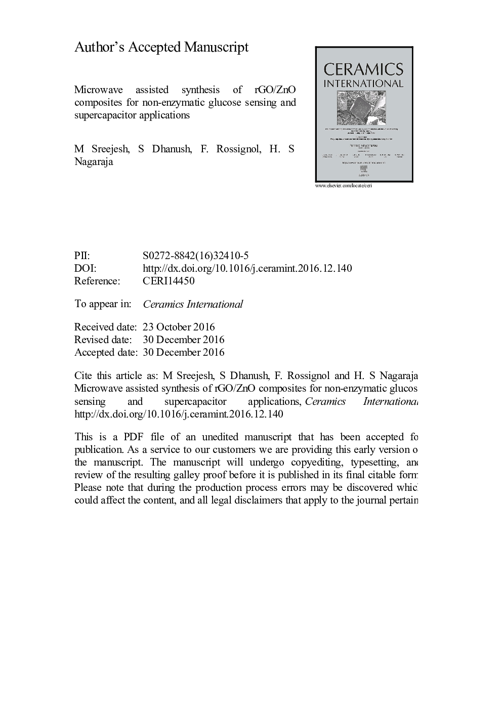 عکس صفحه اول مقاله: Microwave assisted synthesis of rGO/ZnO composites for non-enzymatic glucose sensing and supercapacitor applications Microwave assisted synthesis of rGO/ZnO composites for non-enzymatic glucose sensing and supercapacitor applications