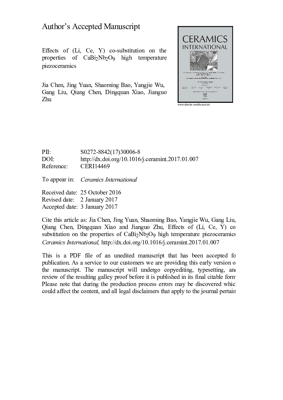 Effects of (Li, Ce, Y) co-substitution on the properties of CaBi2Nb2O9 high temperature piezoceramics