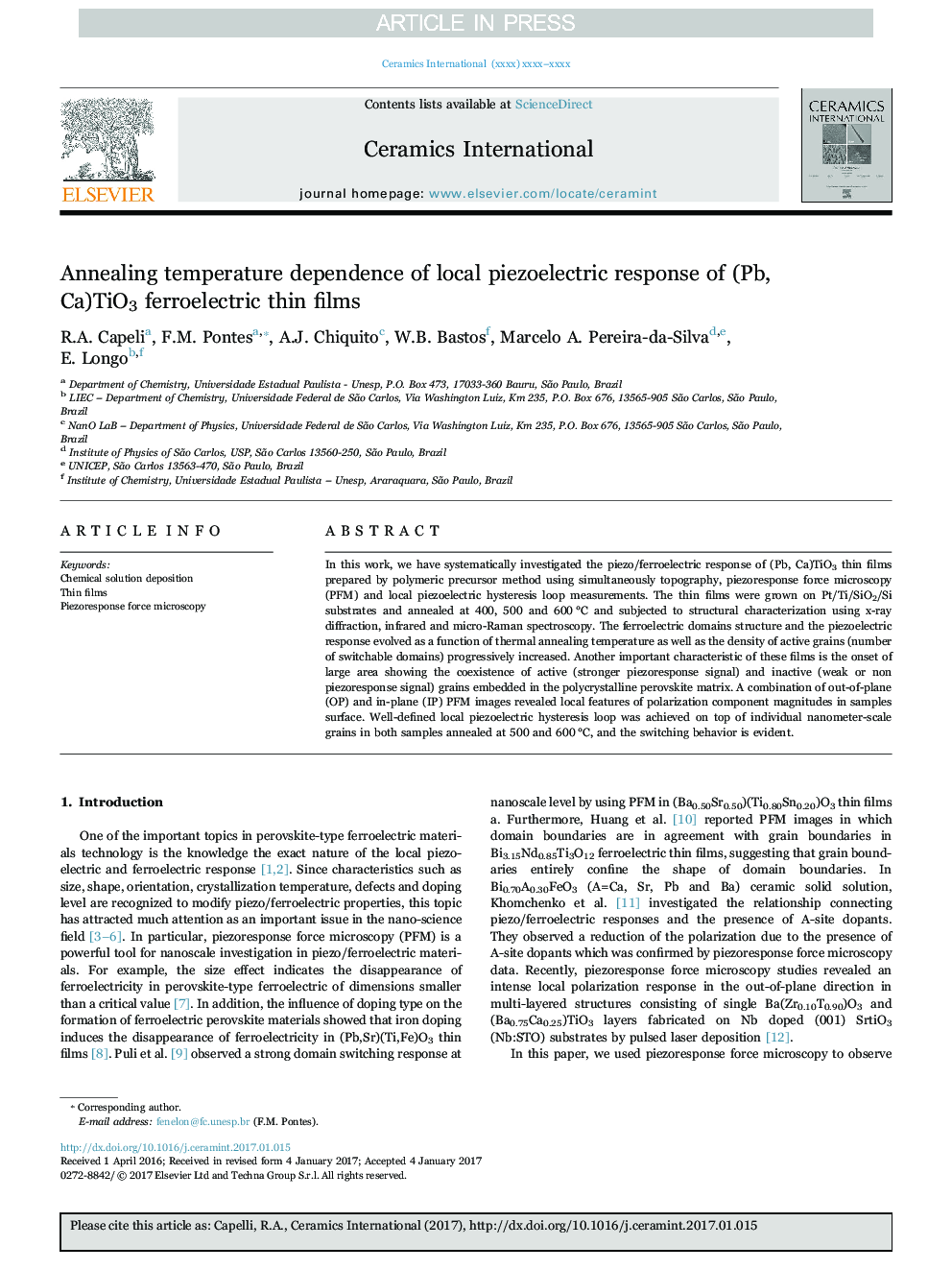 Annealing temperature dependence of local piezoelectric response of (Pb,Ca)TiO3 ferroelectric thin films