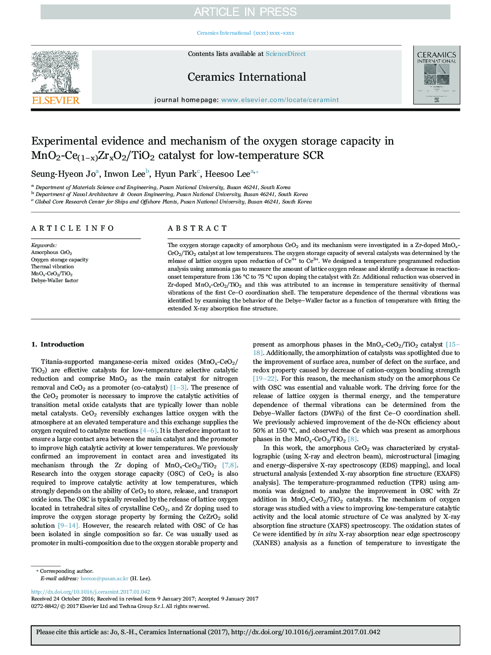 Experimental evidence and mechanism of the oxygen storage capacity in MnO2-Ce(1âx)ZrxO2/TiO2 catalyst for low-temperature SCR