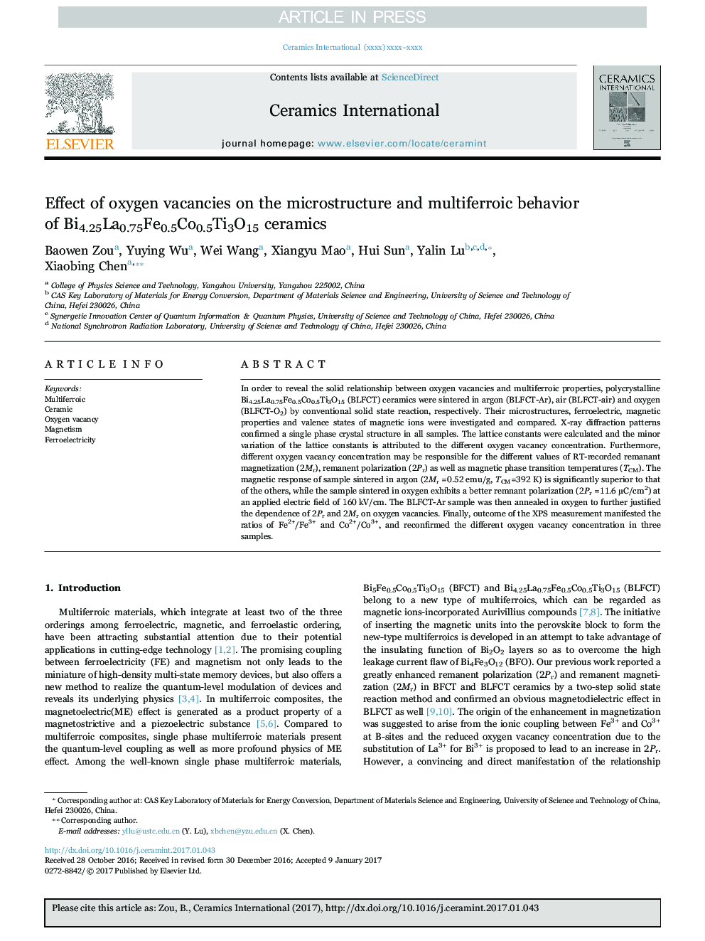 Effect of oxygen vacancies on the microstructure and multiferroic behavior of Bi4.25La0.75Fe0.5Co0.5Ti3O15 ceramics