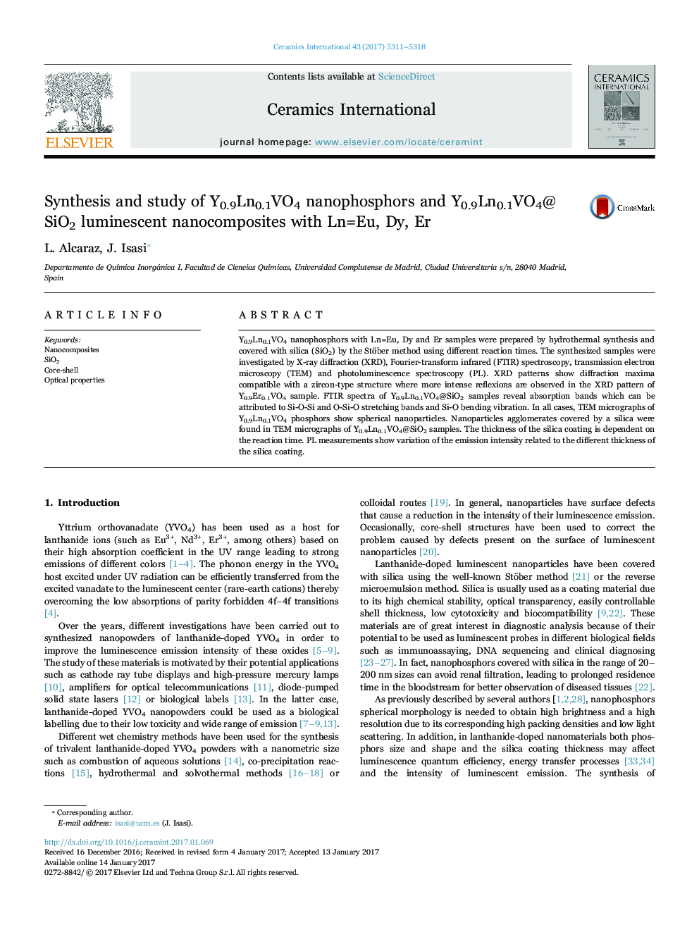 Synthesis and study of Y0.9Ln0.1VO4 nanophosphors and Y0.9Ln0.1VO4@SiO2 luminescent nanocomposites with Ln=Eu, Dy, Er