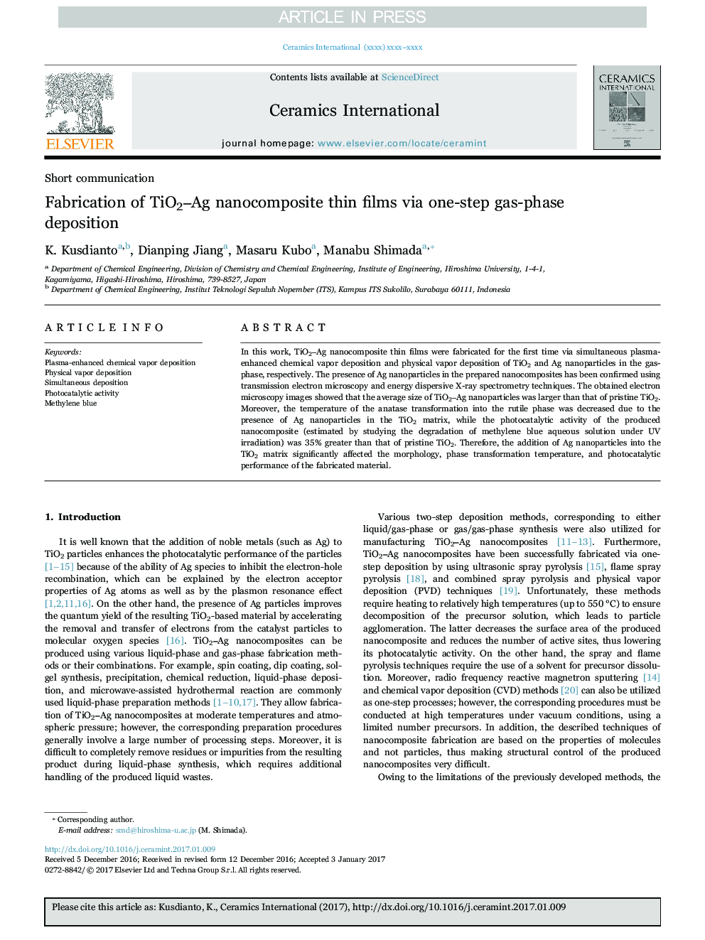 Fabrication of TiO2âAg nanocomposite thin films via one-step gas-phase deposition