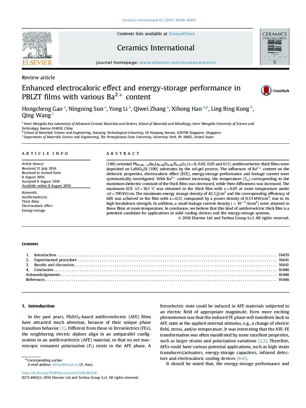 عکس صفحه اول مقاله: Enhanced electrocaloric effect and energy-storage performance in PBLZT films with various Ba2+ content Enhanced electrocaloric effect and energy-storage performance in PBLZT films with various Ba2+ content