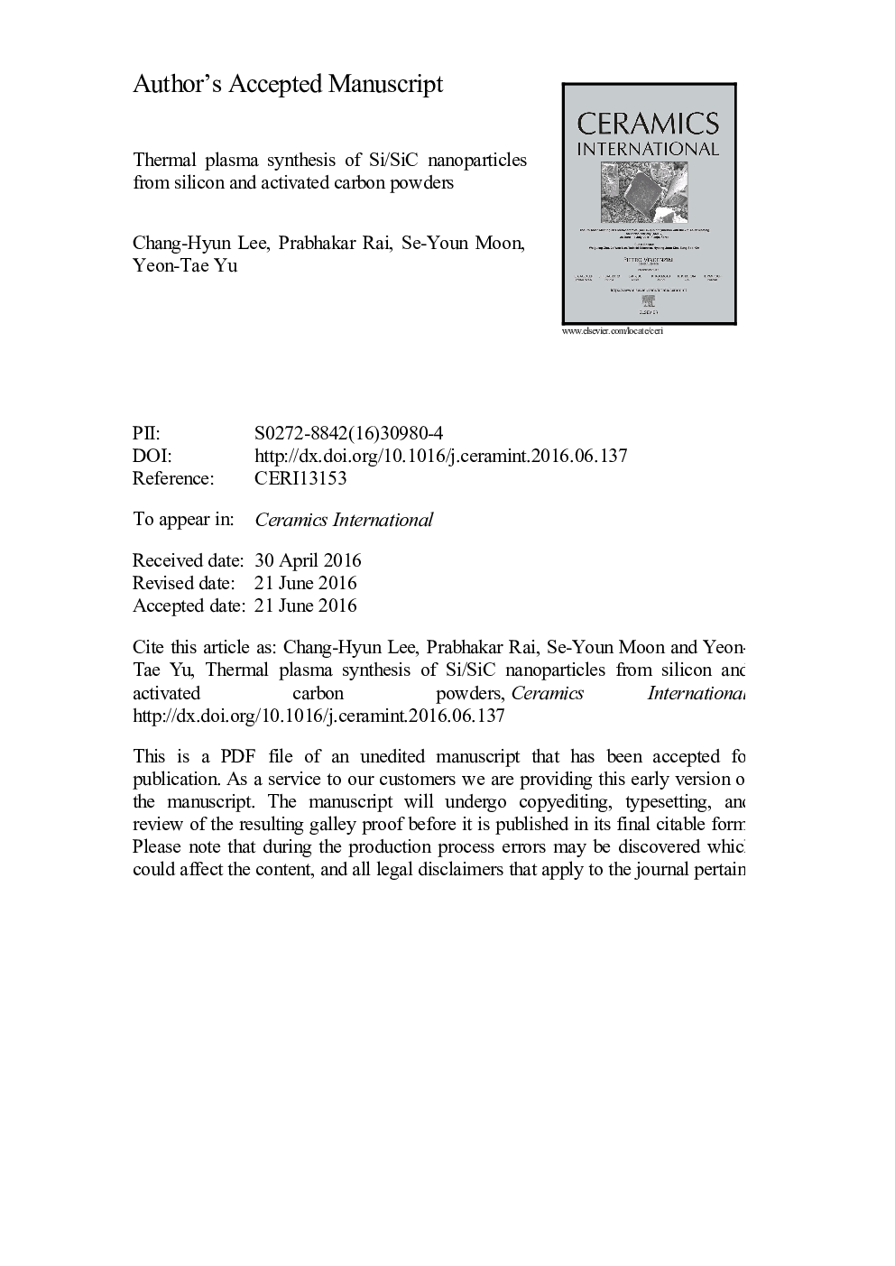 عکس صفحه اول مقاله: Thermal plasma synthesis of Si/SiC nanoparticles from silicon and activated carbon powders Thermal plasma synthesis of Si/SiC nanoparticles from silicon and activated carbon powders