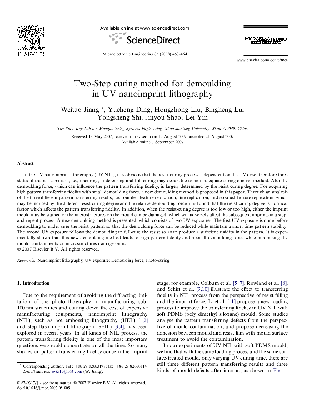 Two-Step curing method for demoulding in UV nanoimprint lithography