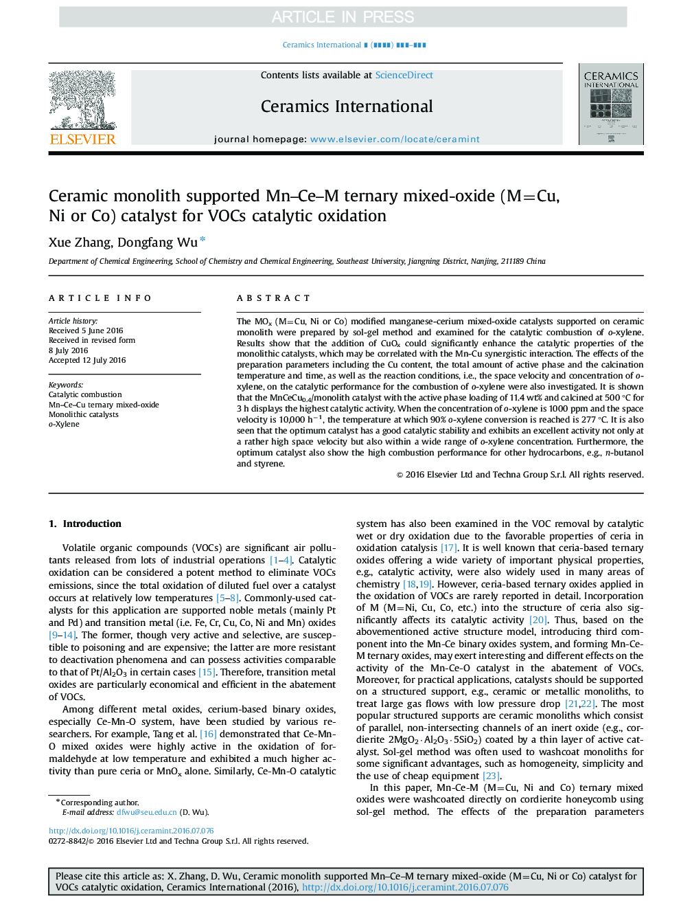 Ceramic monolith supported Mn-Ce-M ternary mixed-oxide (M=Cu, Ni or Co) catalyst for VOCs catalytic oxidation