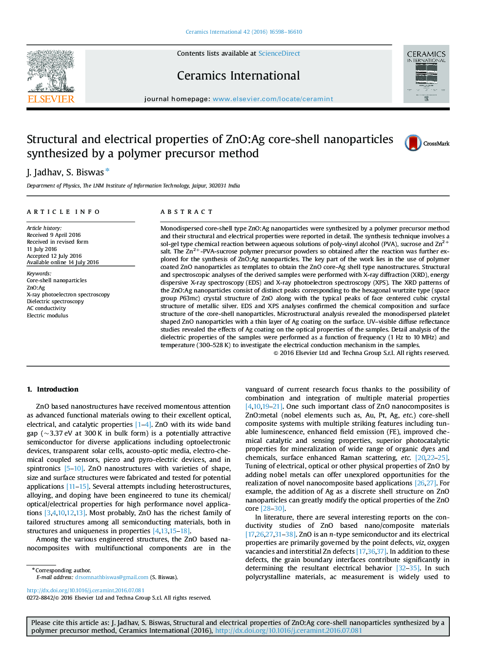 Structural and electrical properties of ZnO:Ag core-shell nanoparticles synthesized by a polymer precursor method