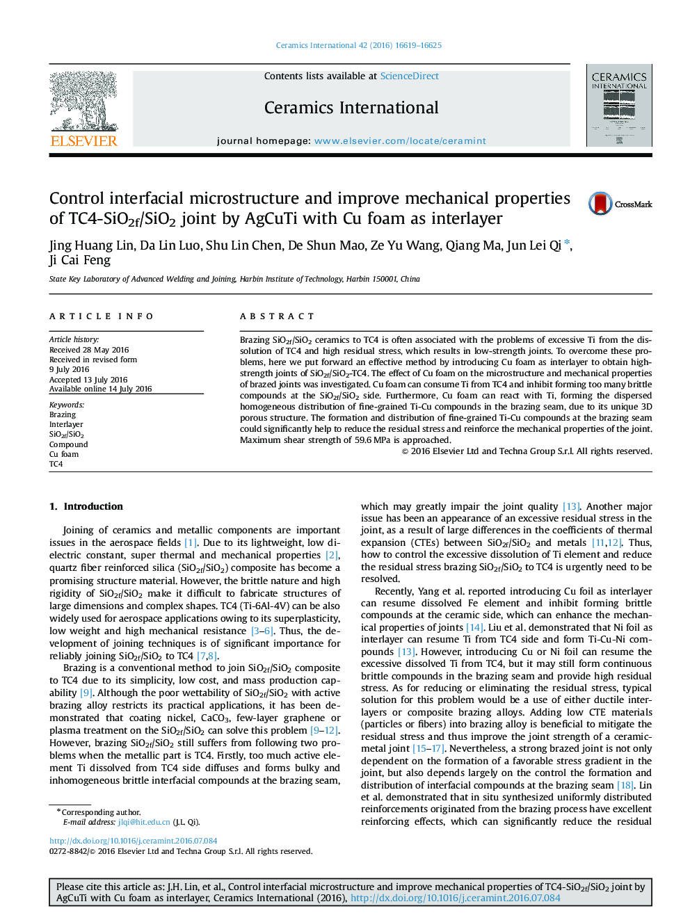 Control interfacial microstructure and improve mechanical properties of TC4-SiO2f/SiO2 joint by AgCuTi with Cu foam as interlayer