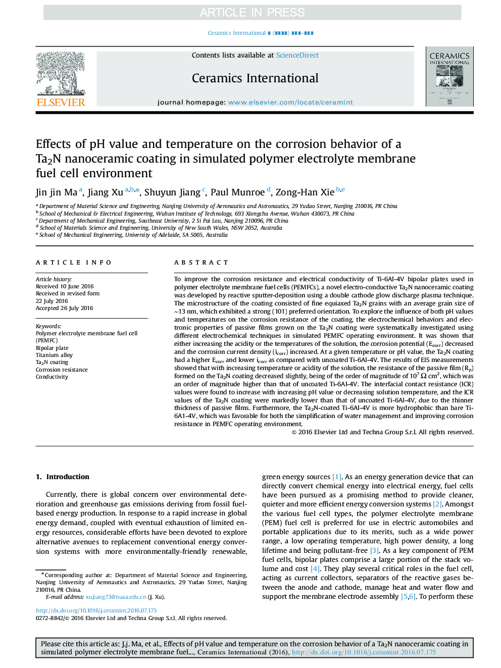 Effects of pH value and temperature on the corrosion behavior of a Ta2N nanoceramic coating in simulated polymer electrolyte membrane fuel cell environment