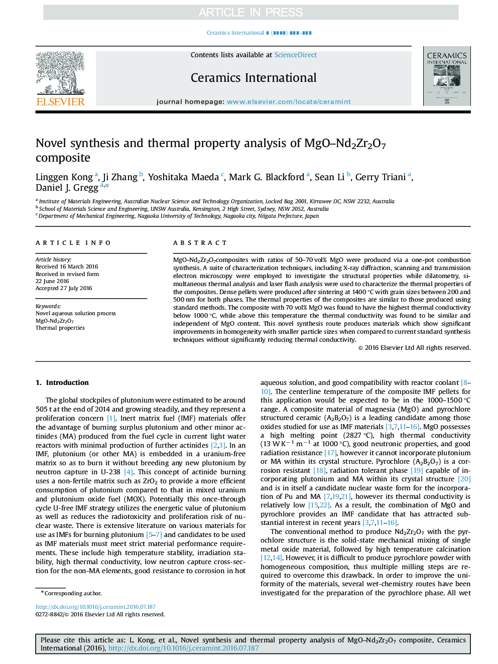Novel synthesis and thermal property analysis of MgO-Nd2Zr2O7 composite