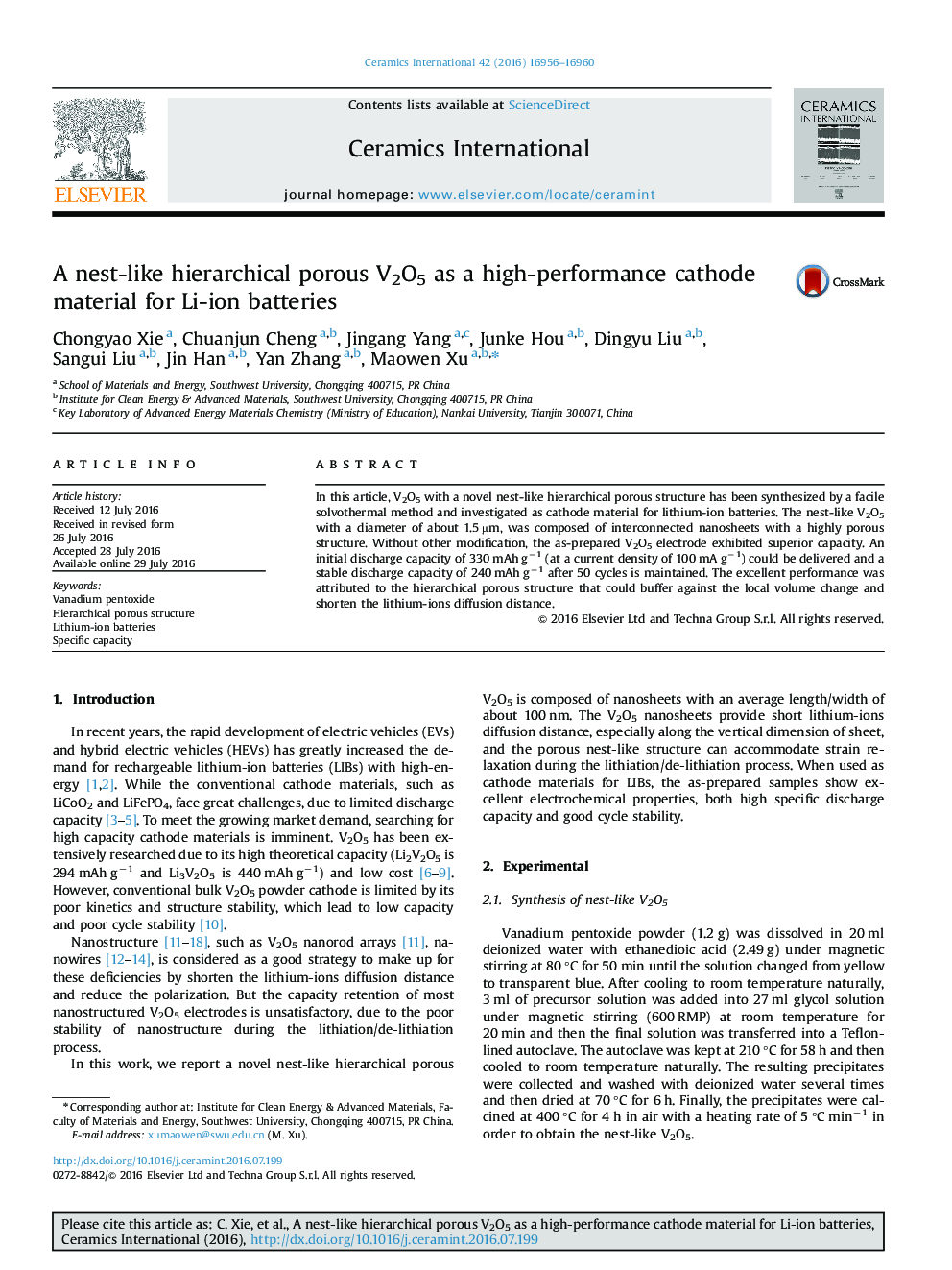 A nest-like hierarchical porous V2O5 as a high-performance cathode material for Li-ion batteries