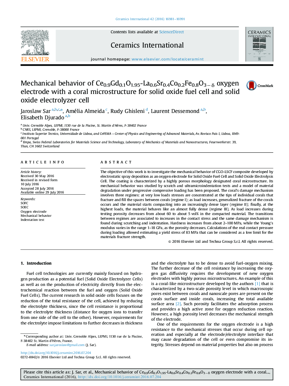 Mechanical behavior of Ce0.9Gd0.1O1.95-La0.6Sr0.4Co0.2Fe0.8O3âÎ´ oxygen electrode with a coral microstructure for solid oxide fuel cell and solid oxide electrolyzer cell