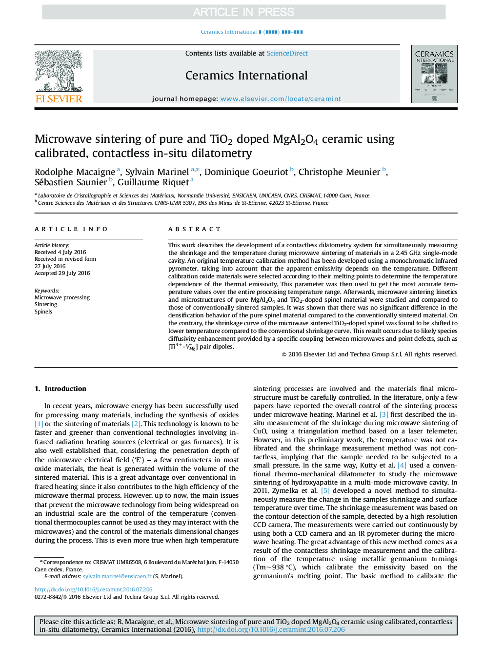 Microwave sintering of pure and TiO2 doped MgAl2O4 ceramic using calibrated, contactless in-situ dilatometry