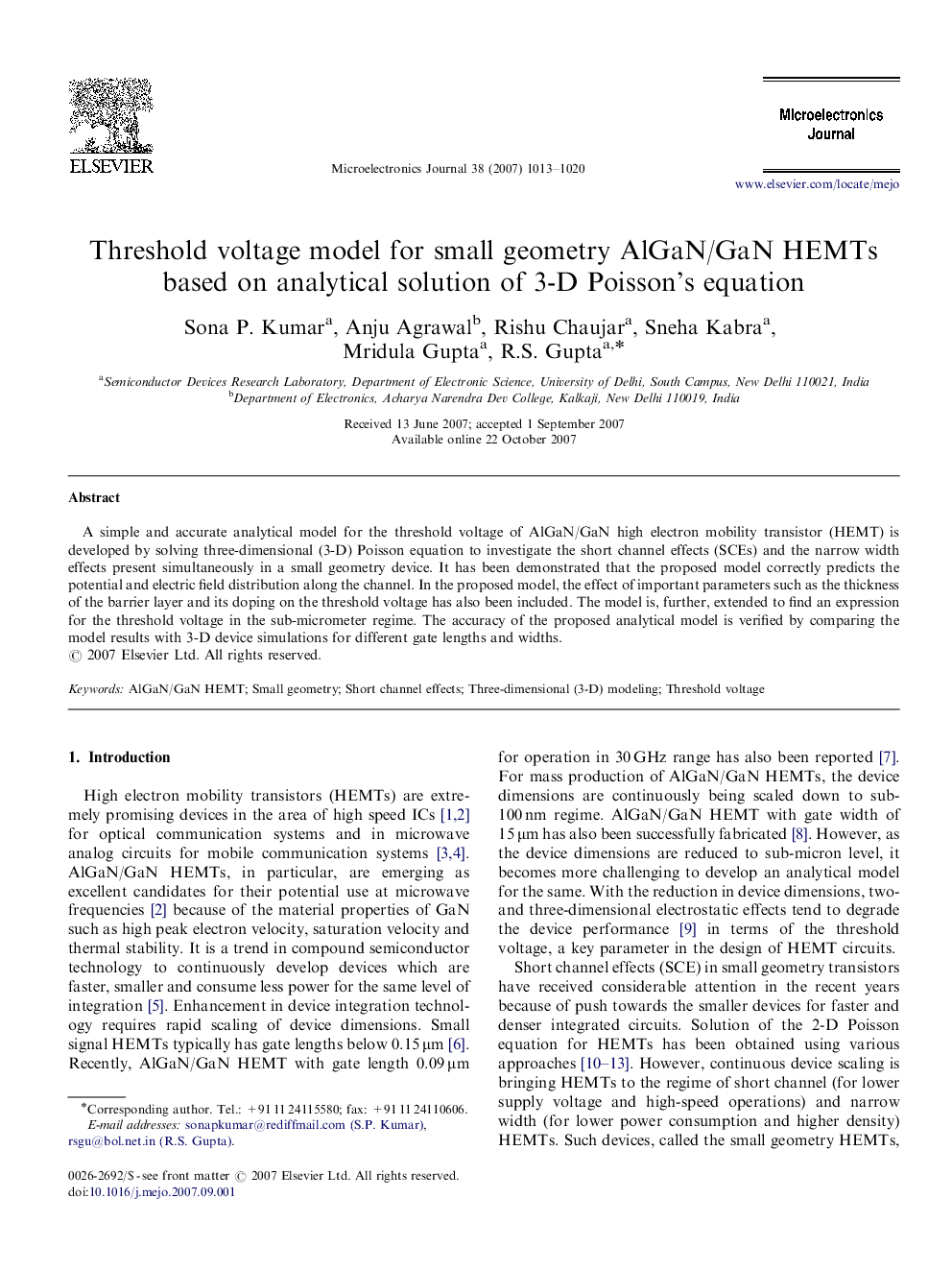 Threshold voltage model for small geometry AlGaN/GaN HEMTs based on analytical solution of 3-D Poisson's equation