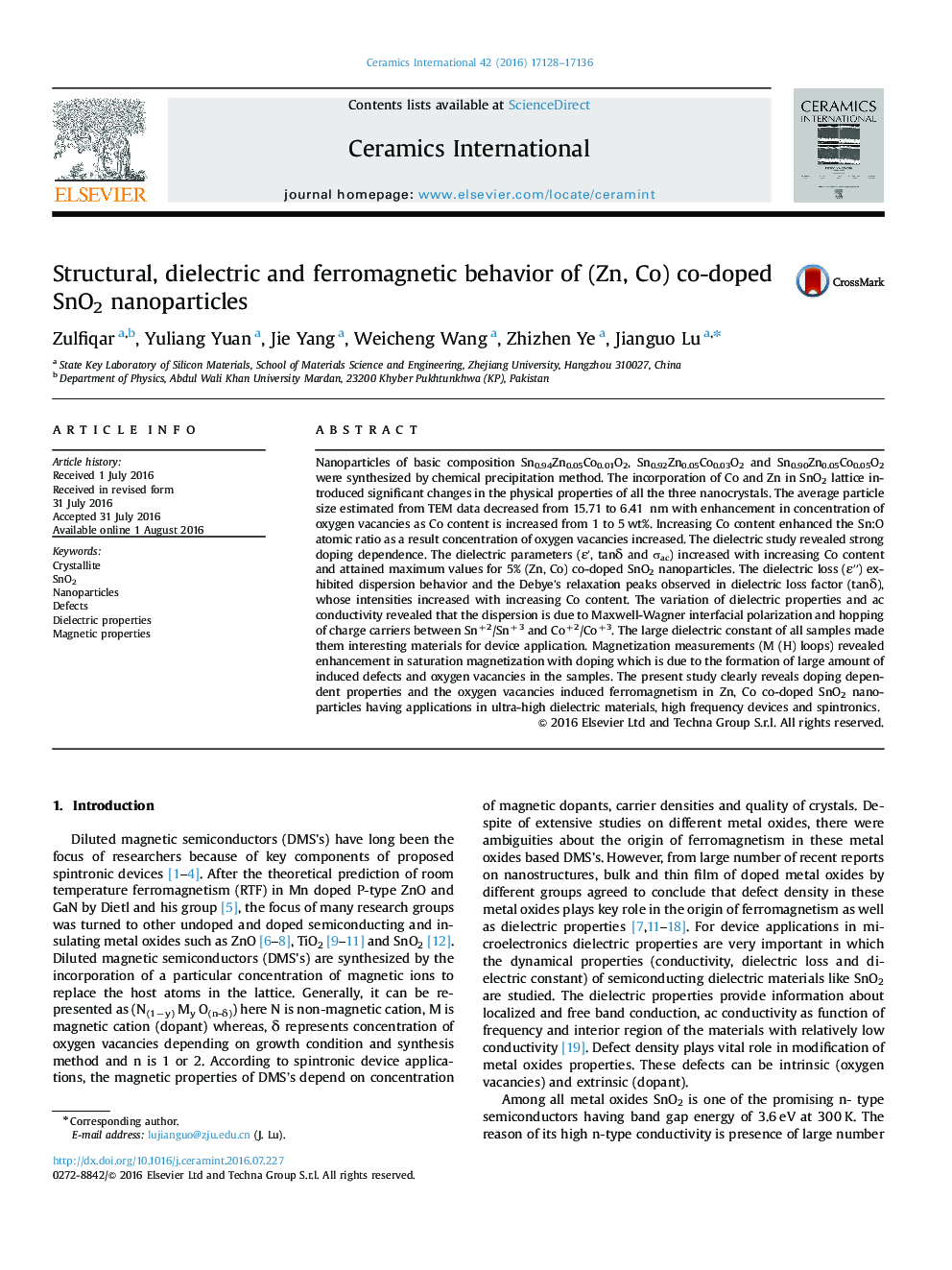 Structural, dielectric and ferromagnetic behavior of (Zn, Co) co-doped SnO2 nanoparticles