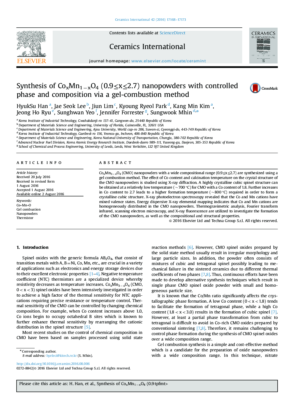 Synthesis of CoxMn1âxO4 (0.9â¤xâ¤2.7) nanopowders with controlled phase and composition via a gel-combustion method