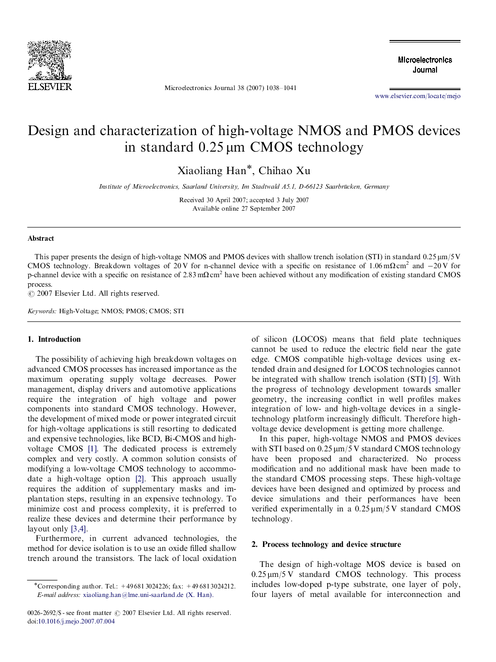 Design and characterization of high-voltage NMOS and PMOS devices in standard 0.25 μm CMOS technology