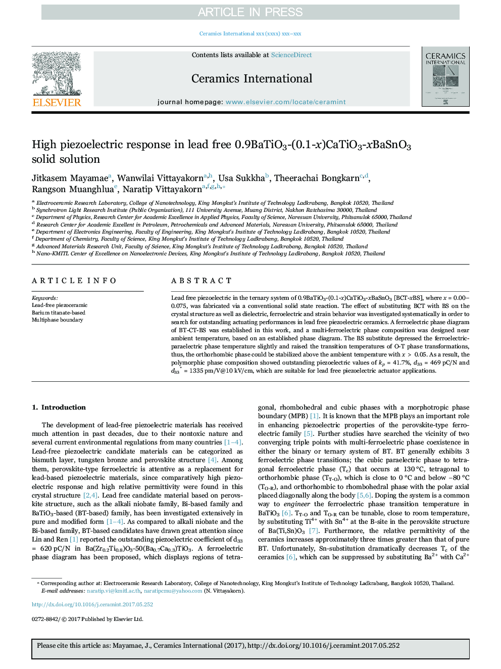 عکس صفحه اول مقاله: High piezoelectric response in lead free 0.9BaTiO3-(0.1-x)CaTiO3-xBaSnO3 solid solution High piezoelectric response in lead free 0.9BaTiO3-(0.1-x)CaTiO3-xBaSnO3 solid solution
