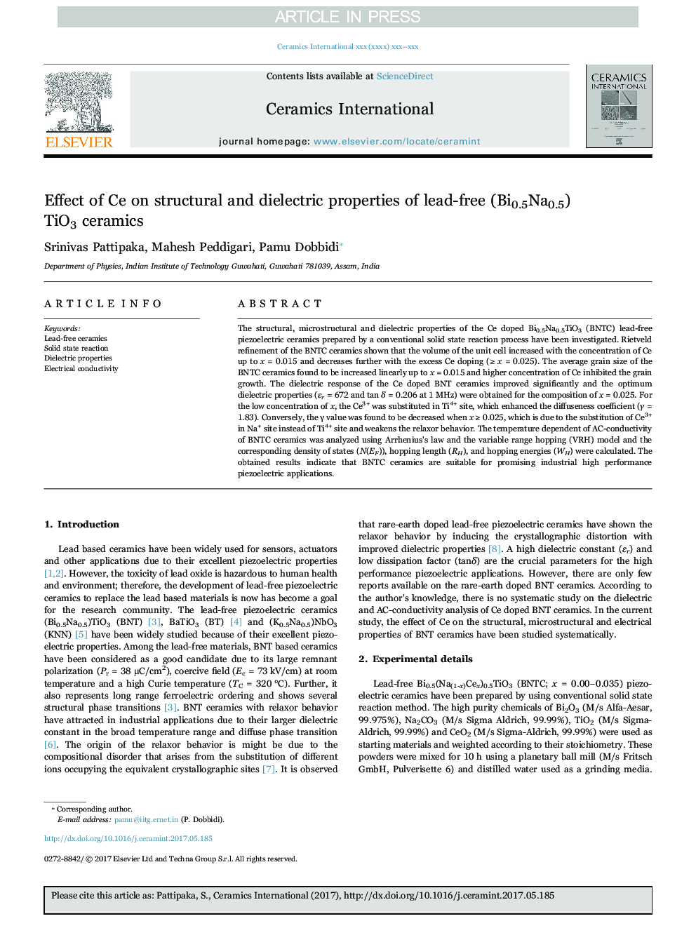 Effect of Ce on structural and dielectric properties of lead-free (Bi0.5Na0.5)TiO3 ceramics