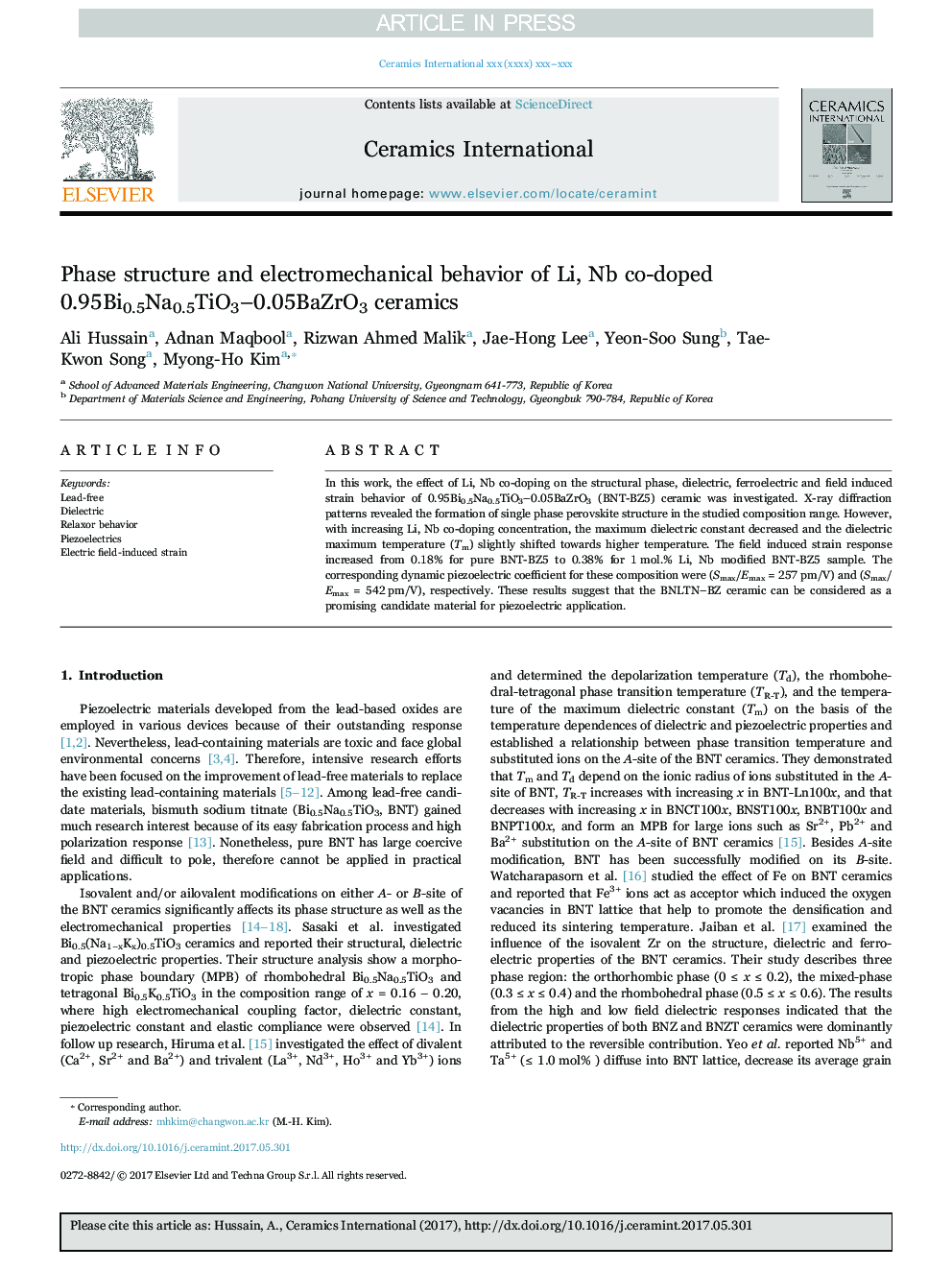 Phase structure and electromechanical behavior of Li, Nb co-doped 0.95Bi0.5Na0.5TiO3-0.05BaZrO3 ceramics