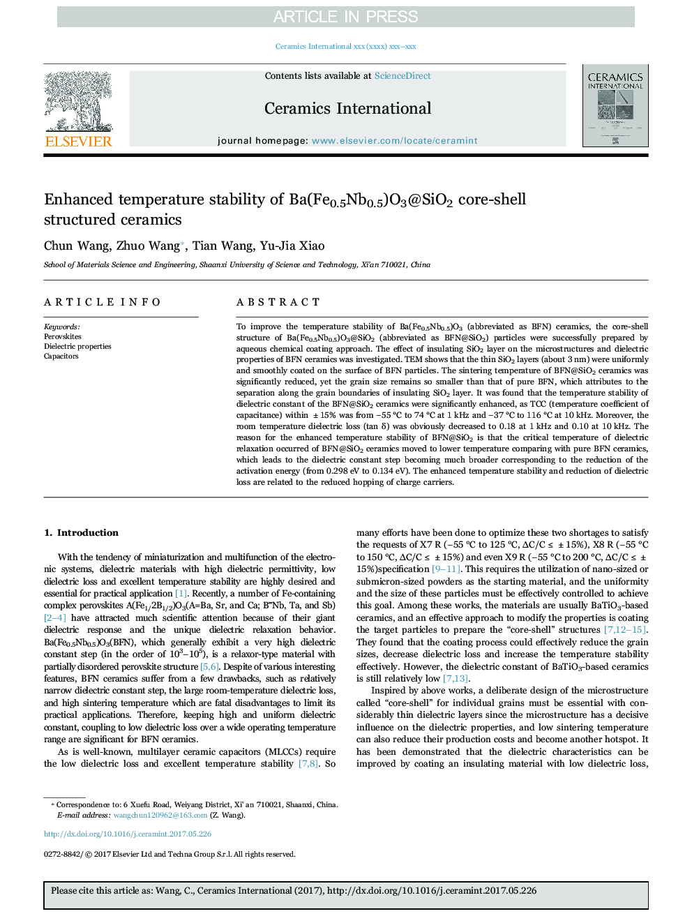 Enhanced temperature stability of Ba(Fe0.5Nb0.5)O3@SiO2 core-shell structured ceramics