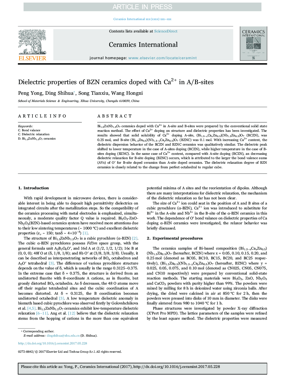عکس صفحه اول مقاله: Dielectric properties of BZN ceramics doped with Ca2+ in A/B-sites Dielectric properties of BZN ceramics doped with Ca2+ in A/B-sites