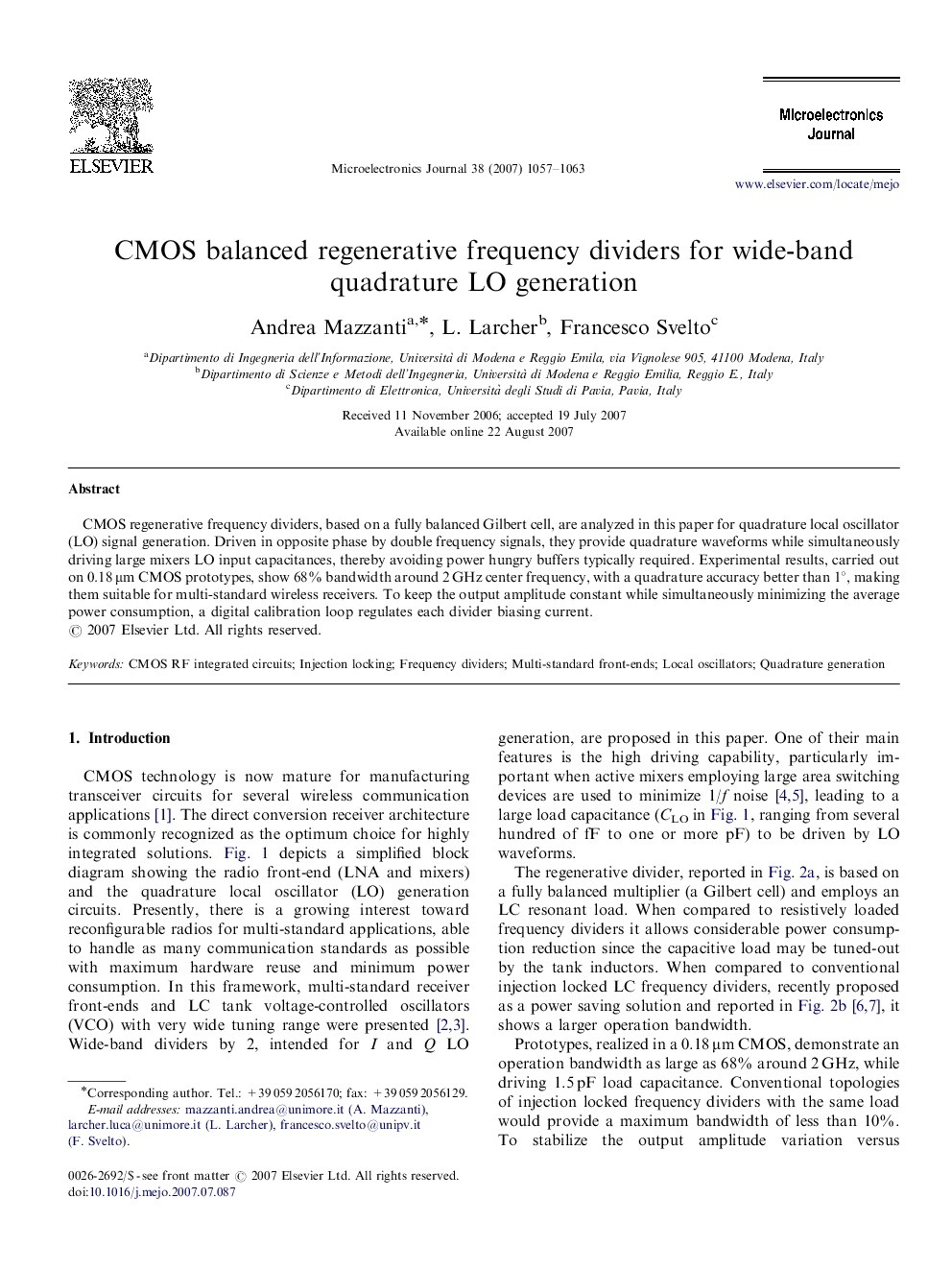 CMOS balanced regenerative frequency dividers for wide-band quadrature LO generation