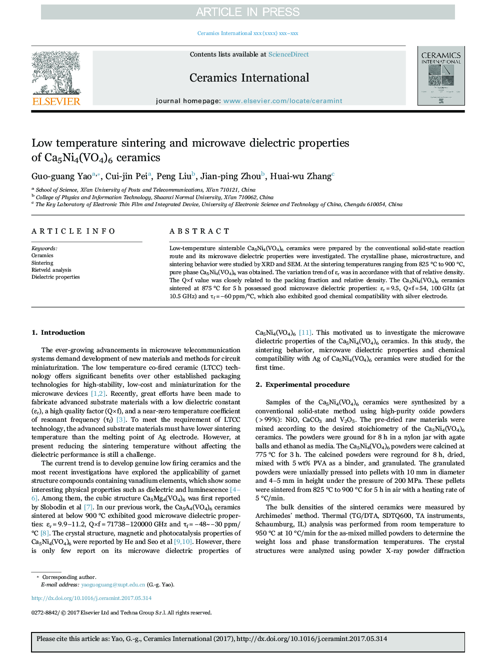 Low temperature sintering and microwave dielectric properties of Ca5Ni4(VO4)6 ceramics