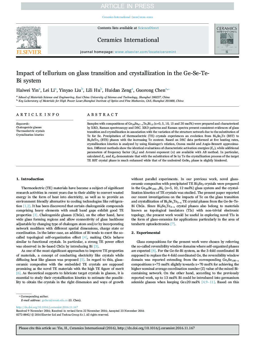 Impact of tellurium on glass transition and crystallization in the Ge-Se-Te-Bi system